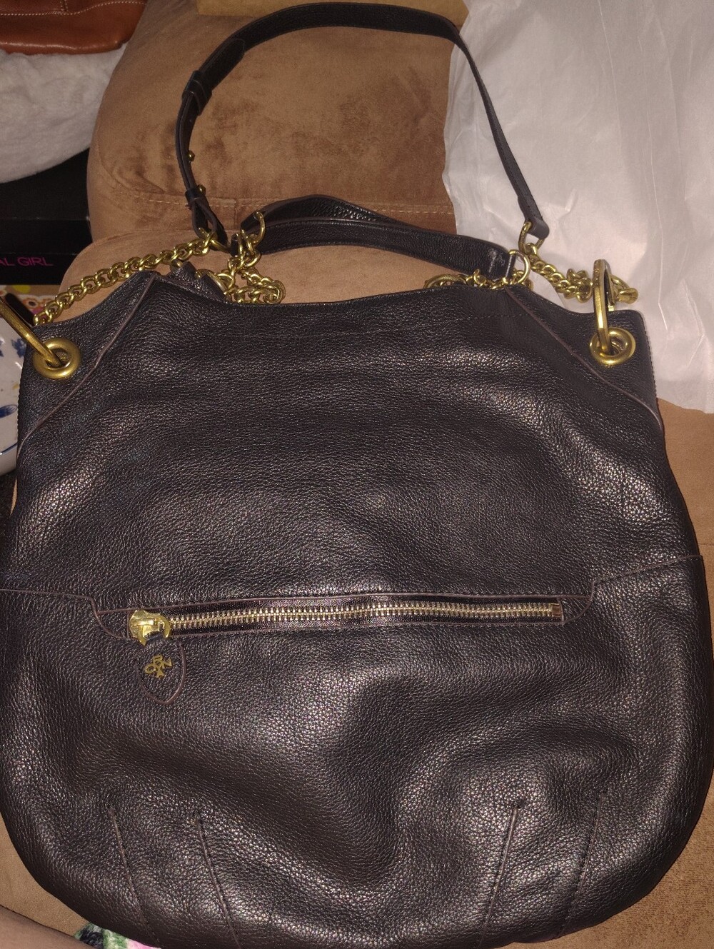 Black Leather Oryany Hobo Bag with Gold Chain Accents